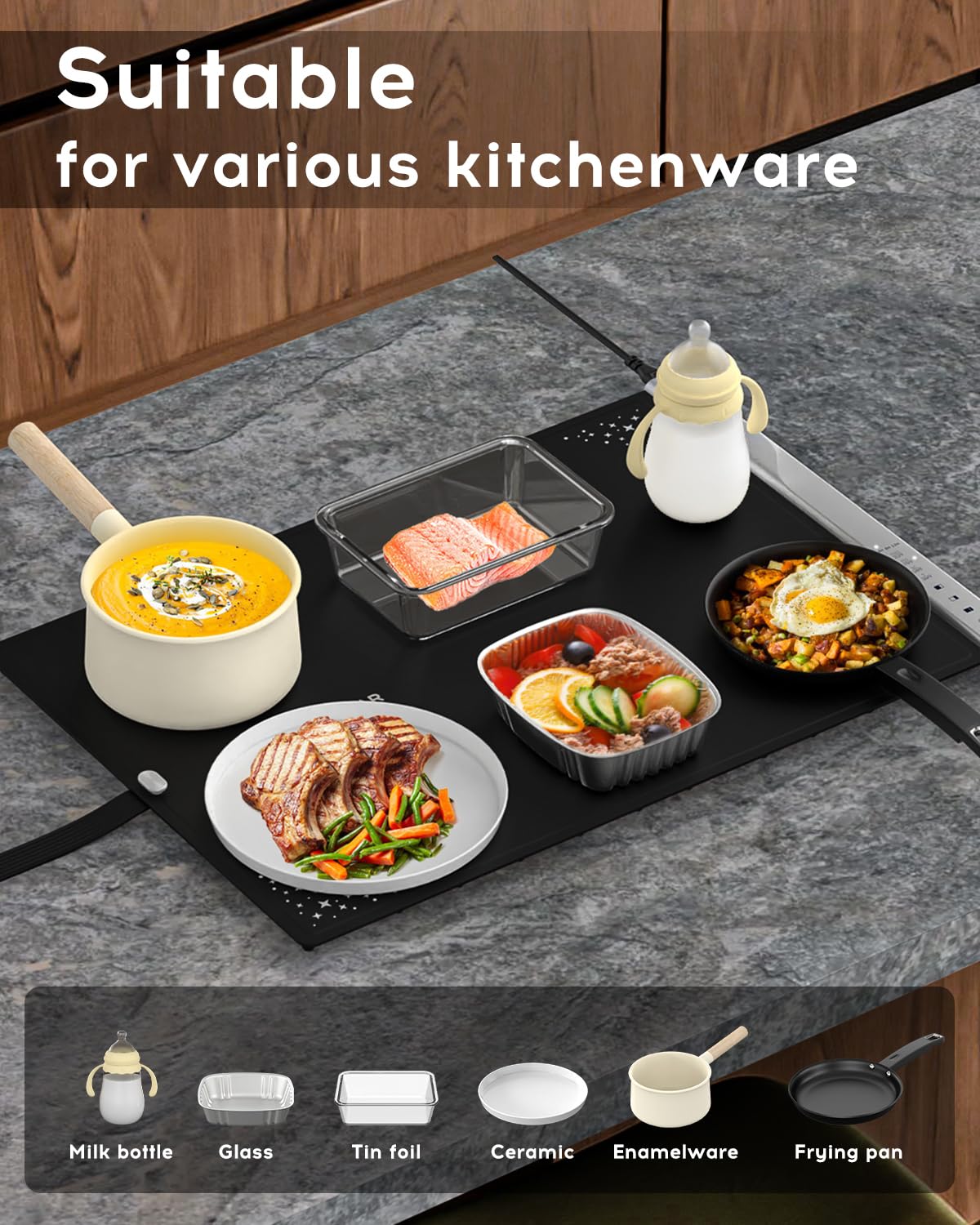 VTAR Electric Food Warming Mat Tray Warmer for Party Buffet Servers, Dual-Zone Heating with Independent Temperature Control, Hot Logic Heating Heater, Full Surface Keep Warm - Black