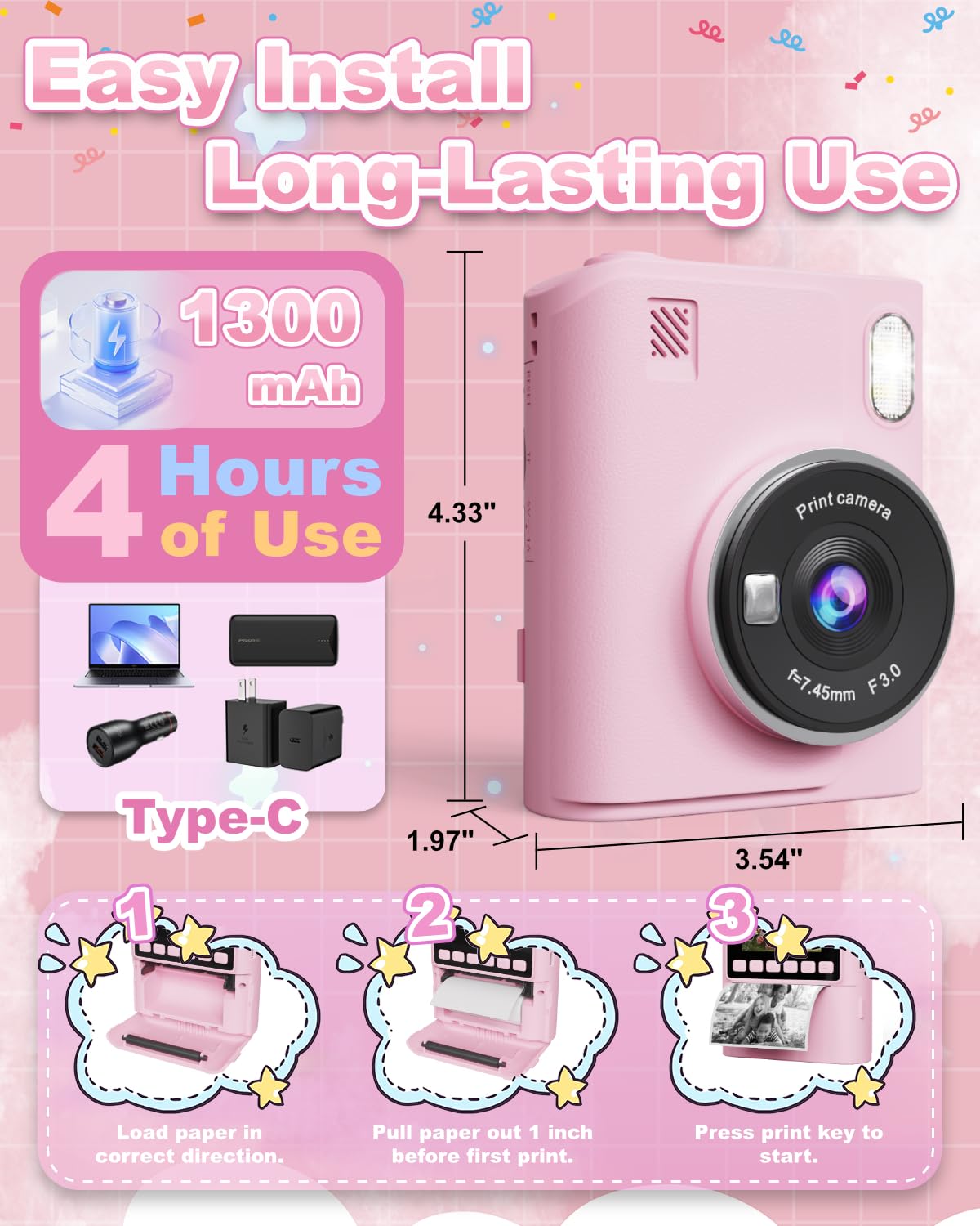 Instant Print Camera for Kids, 1080P Instant Digital Print Cameras for Toddler, Portable Toy for 4 5 6 7 8 9 10 Year Old Girl, Christmas Birthday Gifts for Girls Boys with SD Card Pink