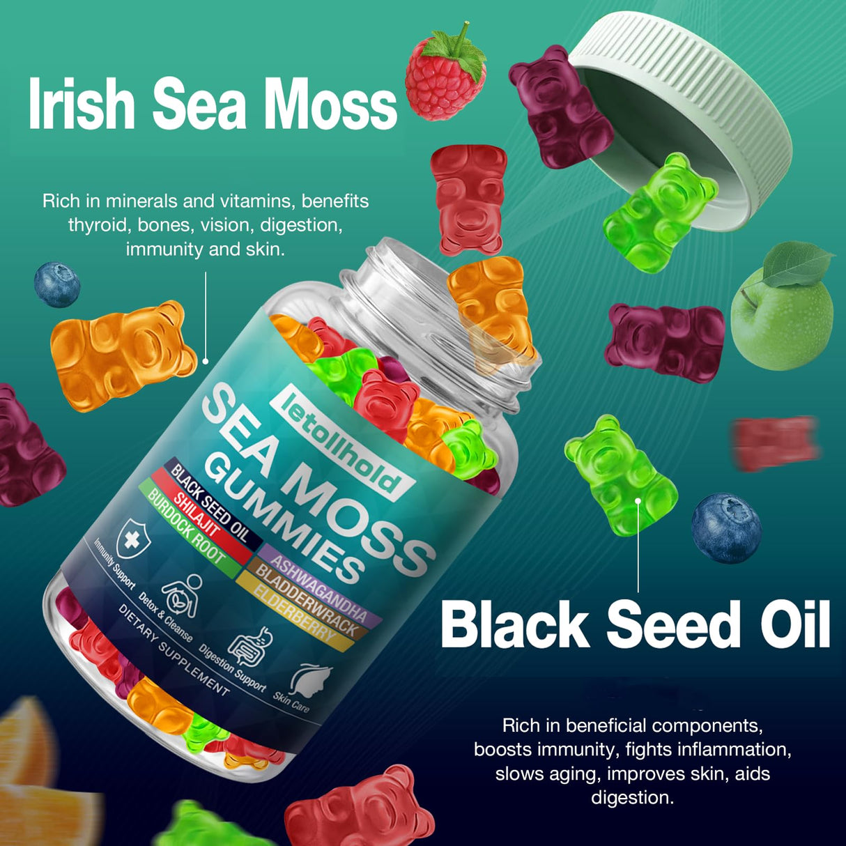 Sea Moss Gummies - Irish Sea Moss Gummies Advanced for Adults with Ashwagandha Bladderwrack & Burdock Root for Supports Immune,Energy - 60 Vegan Gummy,2PCS