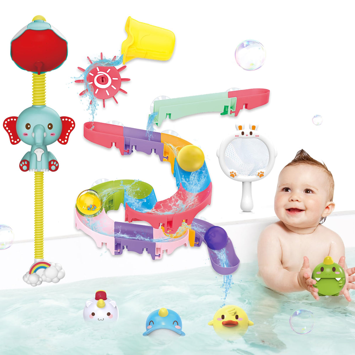 taseyok Toddler Bath Toys, Baby Bathtub Toys with Elephant Shower Sprays and Slide Track, Fishing Floating Animals Toys, Creative Shower Toys Christmas Birthday Gifts for Boys and Girls