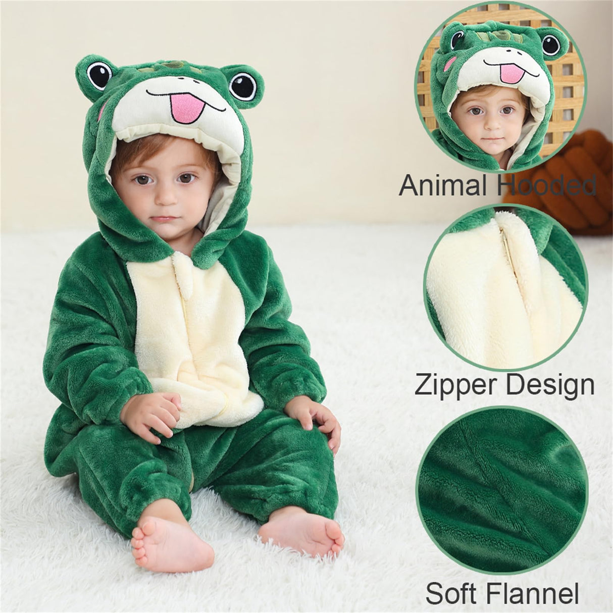 Flannel Long Sleeve Animals Costume for Baby Boy Girl Autumn Winter Toddler Front Zip Hooded Romper Frog Cosplay Jumpsuit for Halloween Christmas 100
