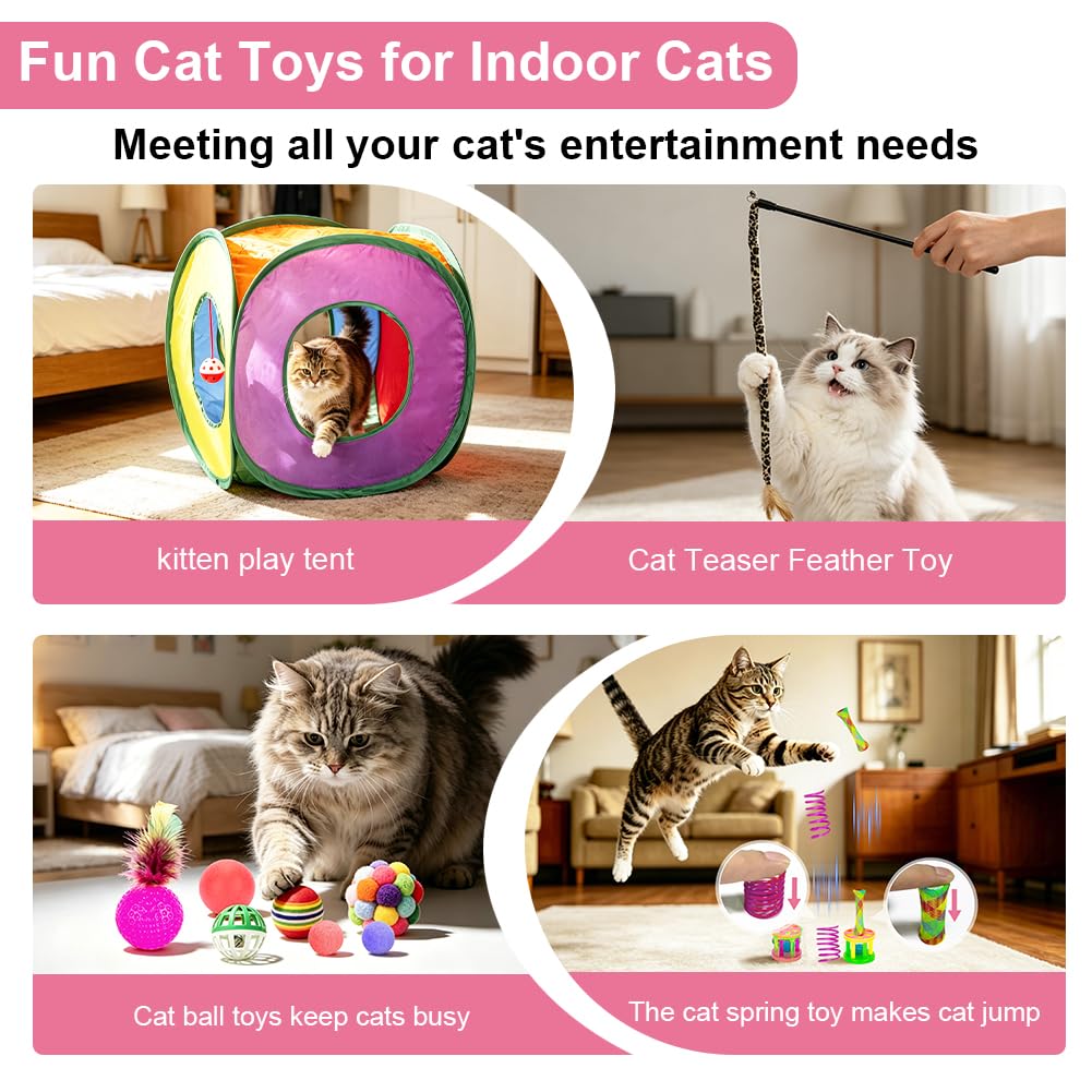 Retro Shaw 33Pcs Cat Toys Pack for Indoor Cats Kitten, with Cube Tunnel