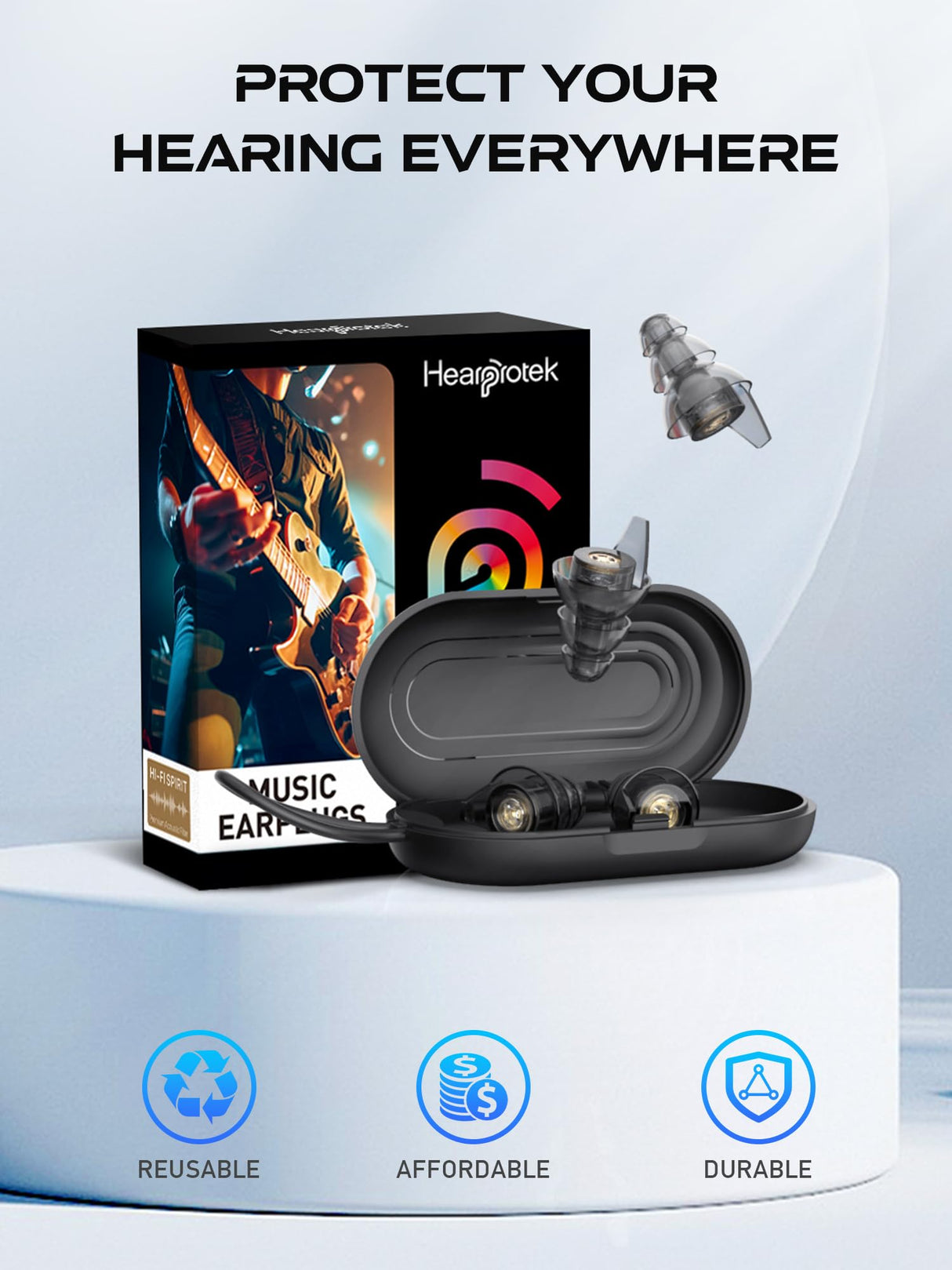 Hearprotek Silicone Concert Ear Plugs, 2 Pairs Reusable High Fidelity Earplugs for Concerts, Festivals, Motorcycling, Black