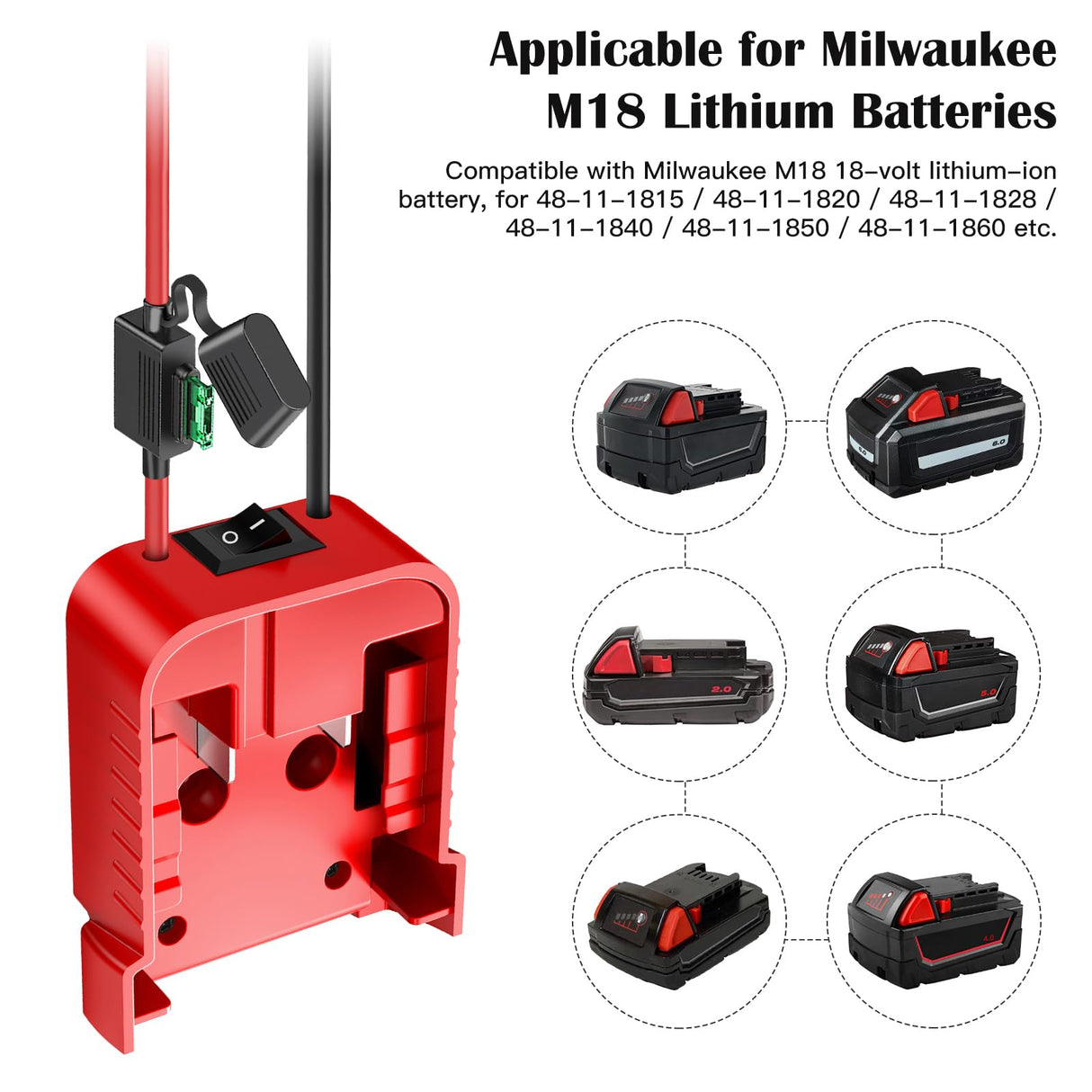 2 Packs Power Wheel Adapter for Milwaukee M18 Battery Adapter 18V Power Wheel Battery Conversion Kit with Switch, Fuse & Wire Terminals, 12AWG Wire, Power Connector for DIY Rc Car Toys and Robotics