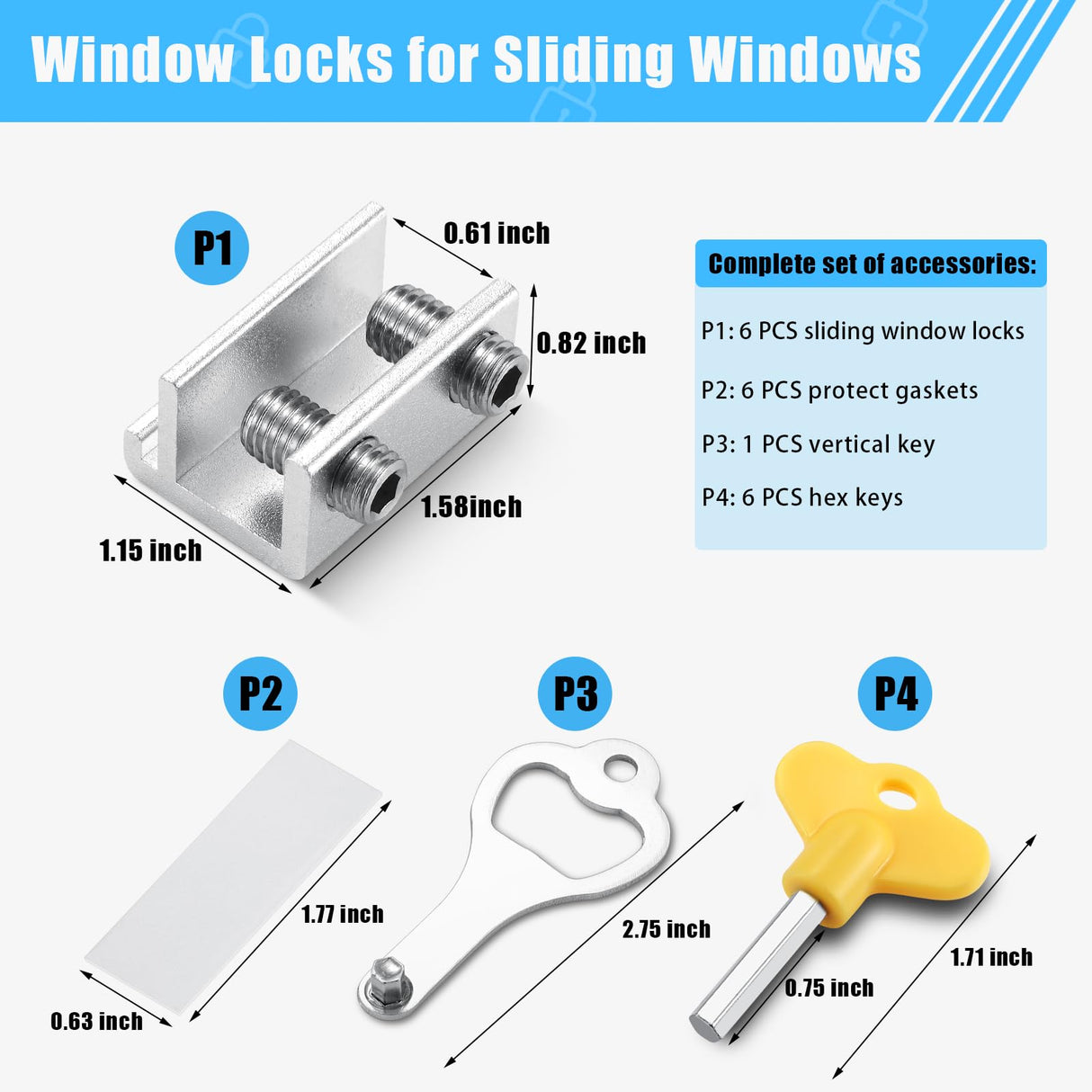 HYIEOU Sliding Window Locks (6 Sets), Secure Window Lock with Key, Window Locks for Up and Down Windows & Horizontal Sliding Windows, Adjustable Window Lock, Sturdy and Durable, Does Not Deform.