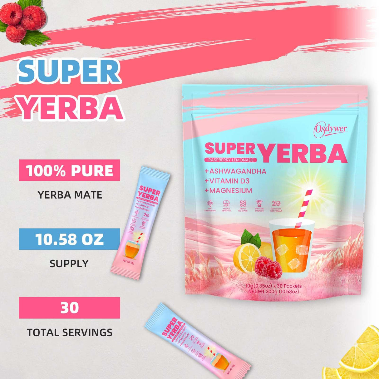 Super Yerba, Yerba Mate Instant Tea Powder –Raspberry Lemonade Flavor, Natural Energy & Focus Boost-30 Servings (1)