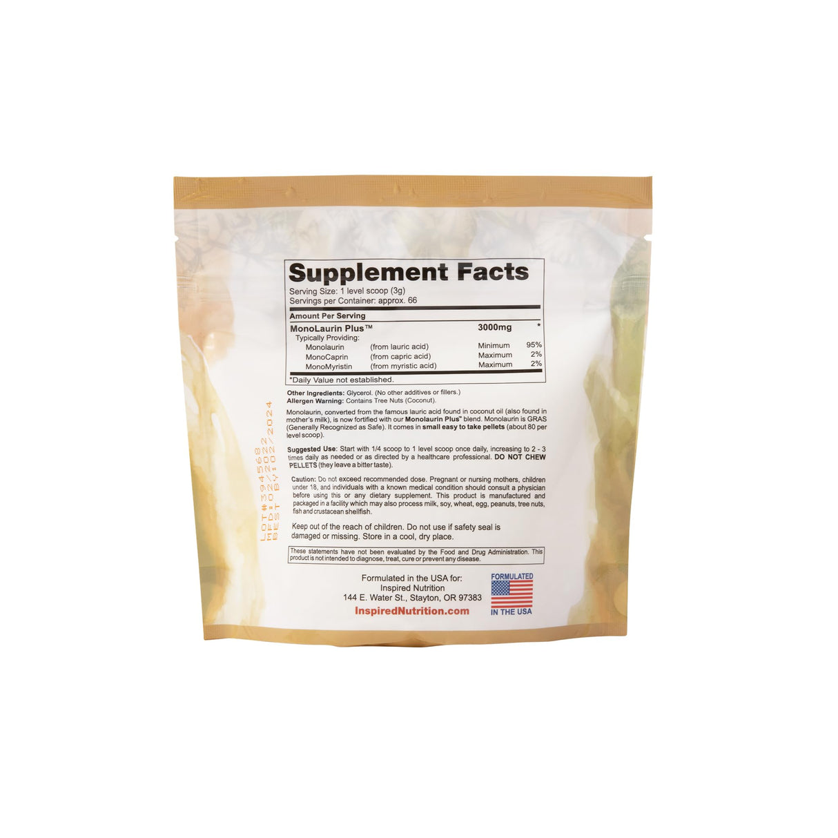 Inspired Nutrition UltraLaurin ® Monolaurin Supplement for Immune Support and Gut Health - Monolaurin Pellets - 7oz - 66 Servings, 3000 mg Each