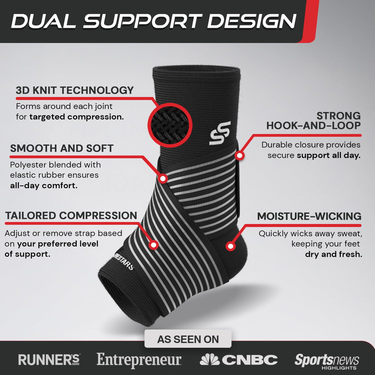Sleeve Stars Ankle Brace for Women & Men, Ankle Wrap for Sprained Ankle, Compression Sleeve for Plantar Fasciitis Relief, Easy Customizable Support: w/Removable Strap (Single/S:9"-10"/Black)