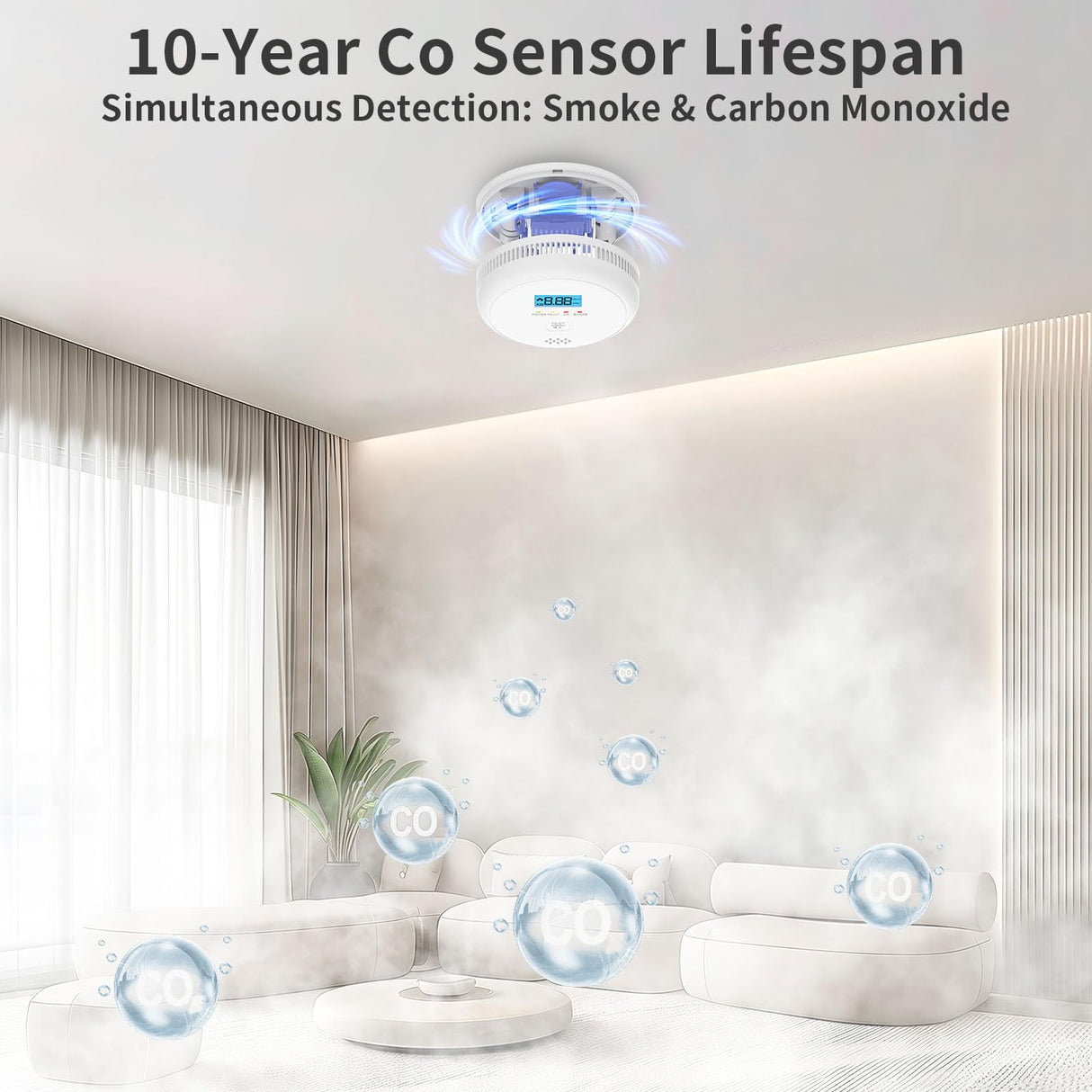 SHYEEH 2 in 1 Smoke and Carbon Monoxide Detectors, Battery-Operated (Battery not Included) Smoke Detector and CO Detector with 10-Year Sensor, Sound Warning and LCD Display for Home and Travel.