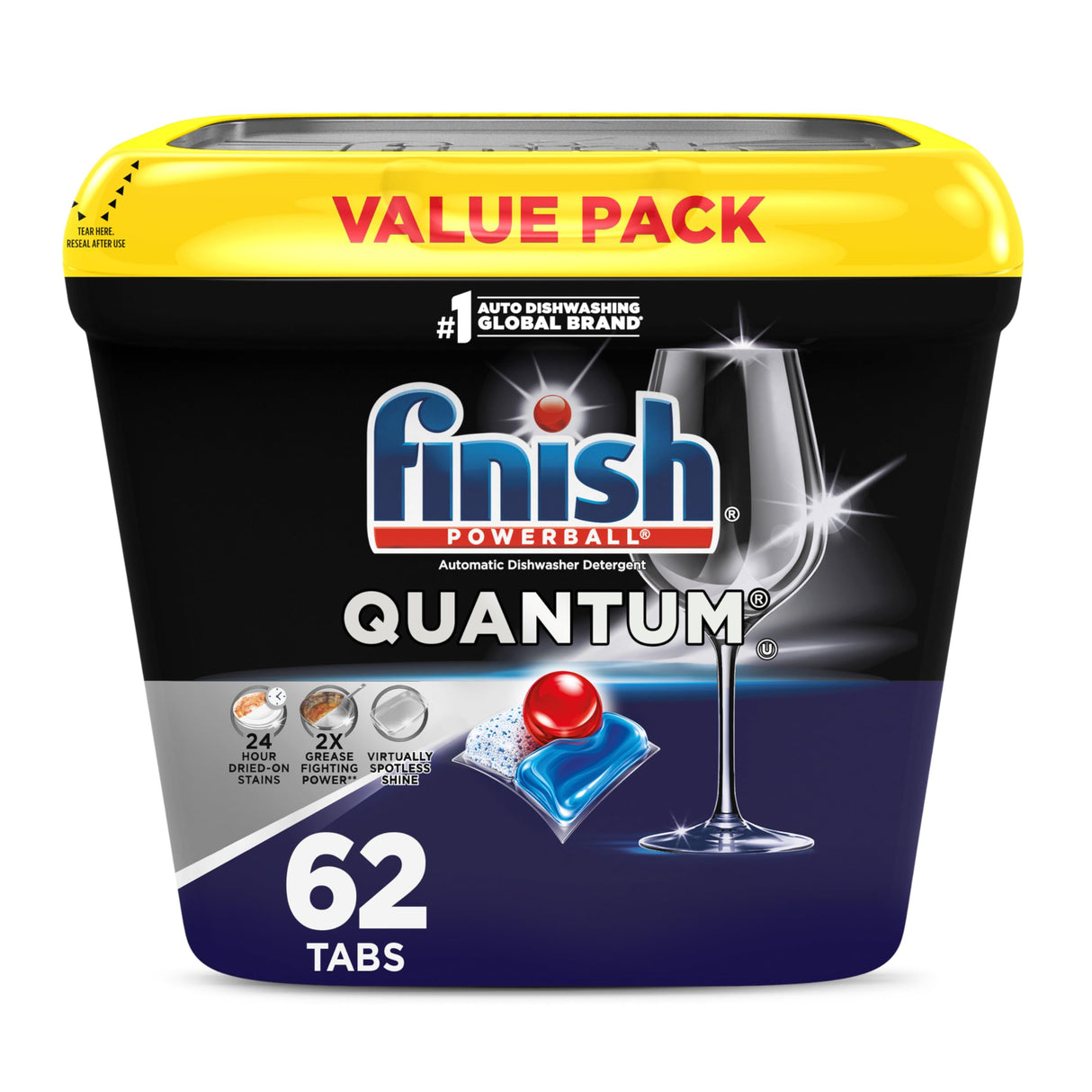 Finish Quantum Dishwasher Pods, No Pre-Rinse Dishwasher Detergent Soap Removes 24HR Dried-On Stain and Grease, Leaving a Virtually Spotless Shine, 62 Count