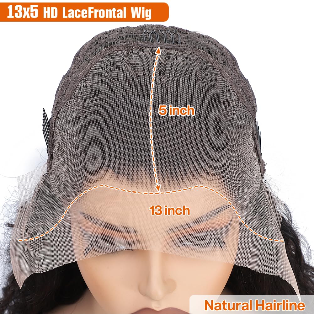 Keshon 13x5 Deep Wave Lace Front Wigs Human Hair 200% Density Deep Wave Frontal Wig Pre Plucked HD Transparent Full Lace Frontal Wigs Human Hair with Baby Hair Natural Color 28 inch