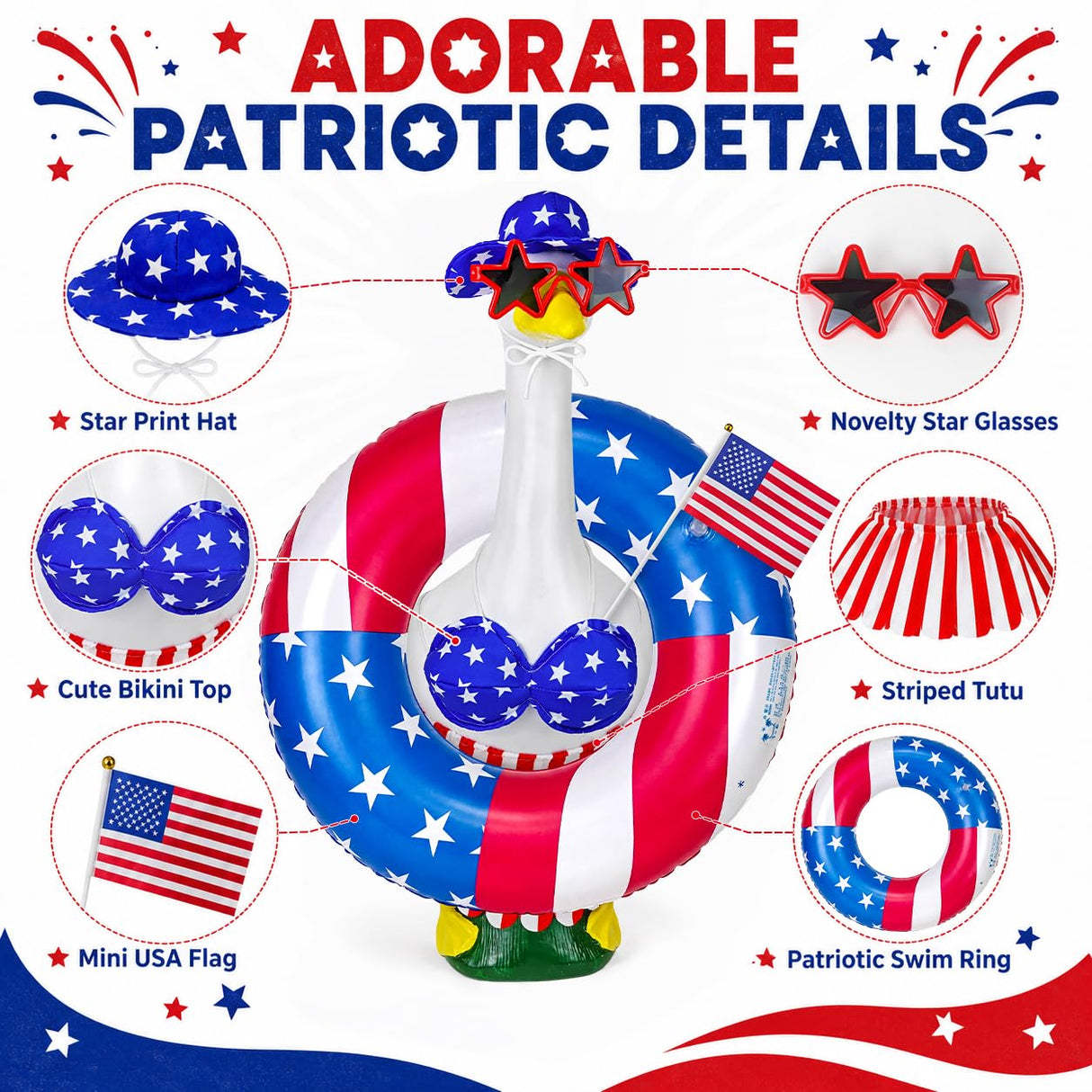 Ueyben 4th of July Bikini Porch Goose Outfit, Summer Patriotic Goose Outfit Independence Memorial Day Geese Clothes Costume for 23" Lawn Cement Plastic Geese Statue for Outdoor Garden Patio Yard Decor