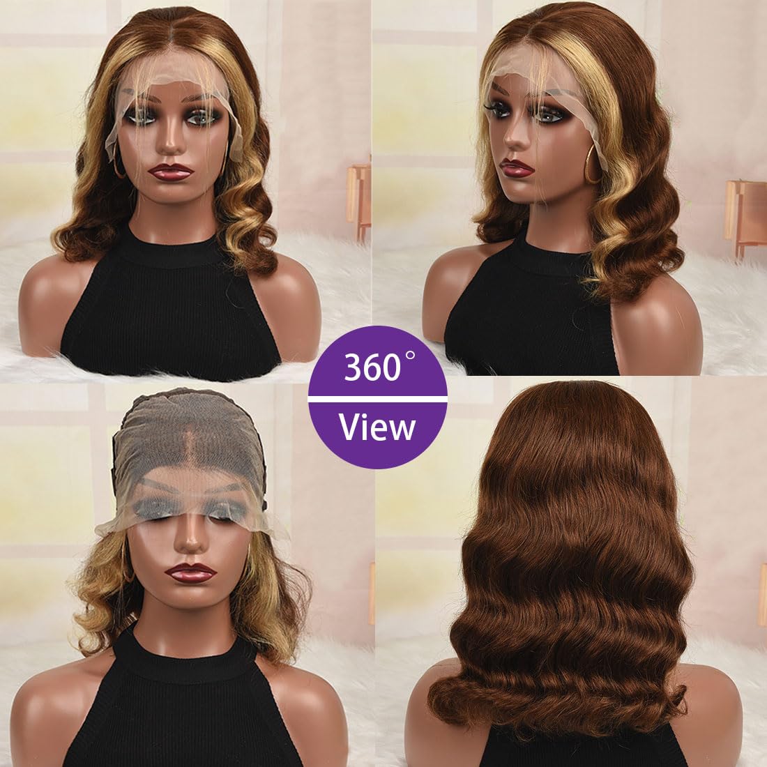 Brown With Blonde Highlight Bob Lace Front Wigs Human Hair 13x4 HD 180% Density Glueless Body Wave Bob Wig Human Hair Pre Plucked With Baby Hair Short Bob Wigs for Black Women Lace Frontal Wig 14 Inch