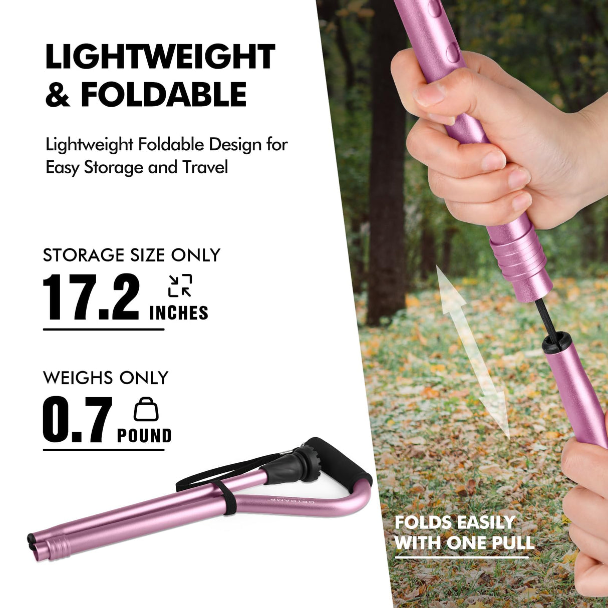 GPTCAMP Walking Cane and Walking Stick for Men Women,Lightweight Folding Canes with Offset Soft CushionedHandle,Adjustable&Collapsible,Mobility & Leg Surgery Recovery(Pink)