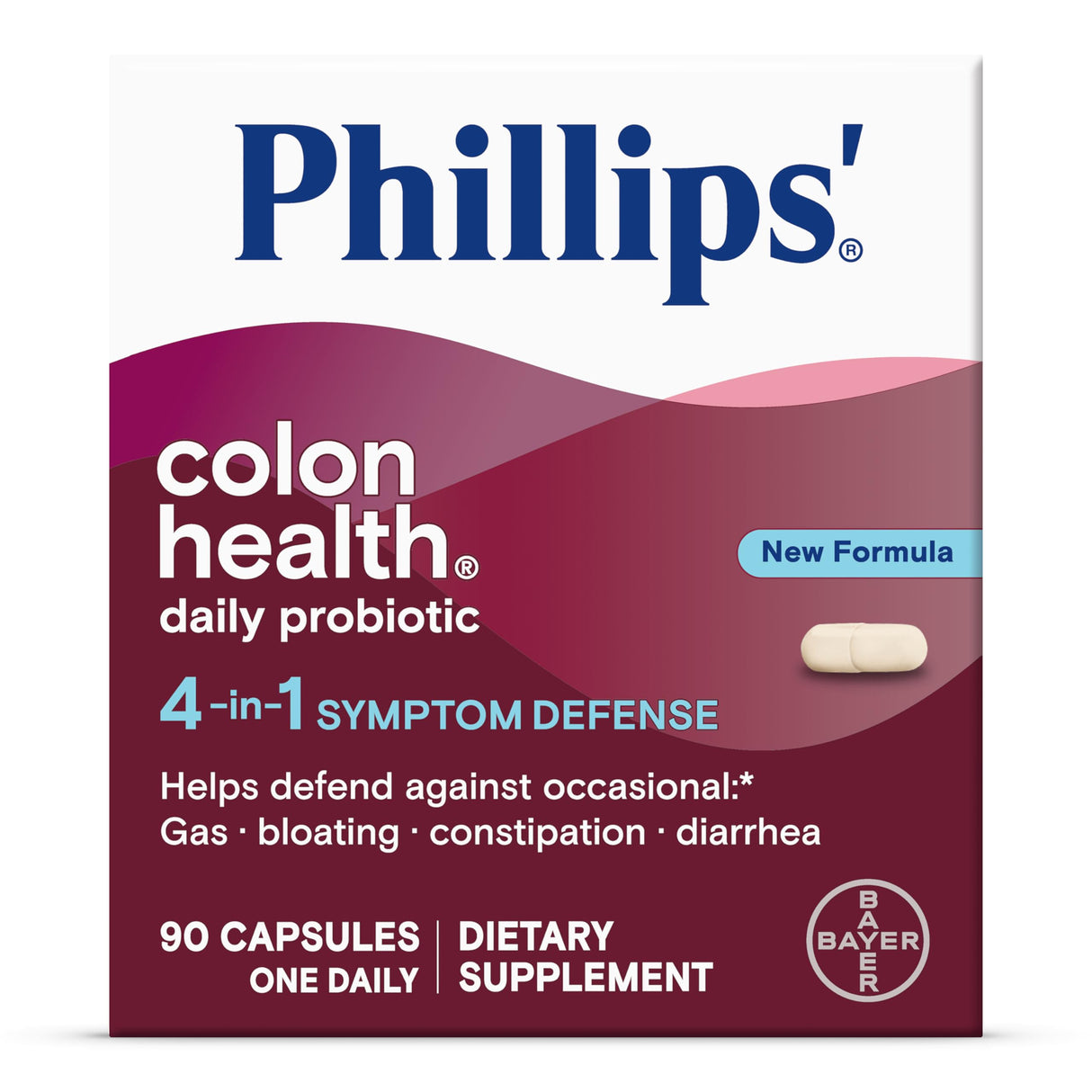 Phillips' Colon Health Daily Probiotic Capsules, 4-in-1 Symptom Defense to Help Defend Against Occasional Gas, Bloating, Constipation, and Diarrhea, Daily Supplement, 90 Count
