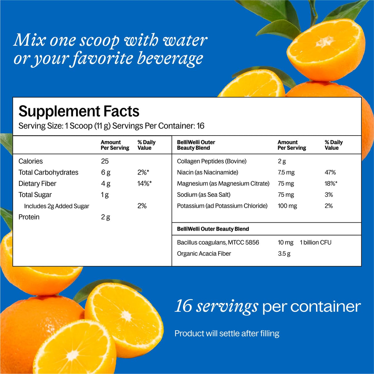 BelliWelli Fiber Supplement for Women & Men – Premium Daily Fiber Powder from Organic Acacia with Added Collagen, Electrolytes & Probiotics – No Bloat, Constipation & Gut Health Support (Orange Yuzu)