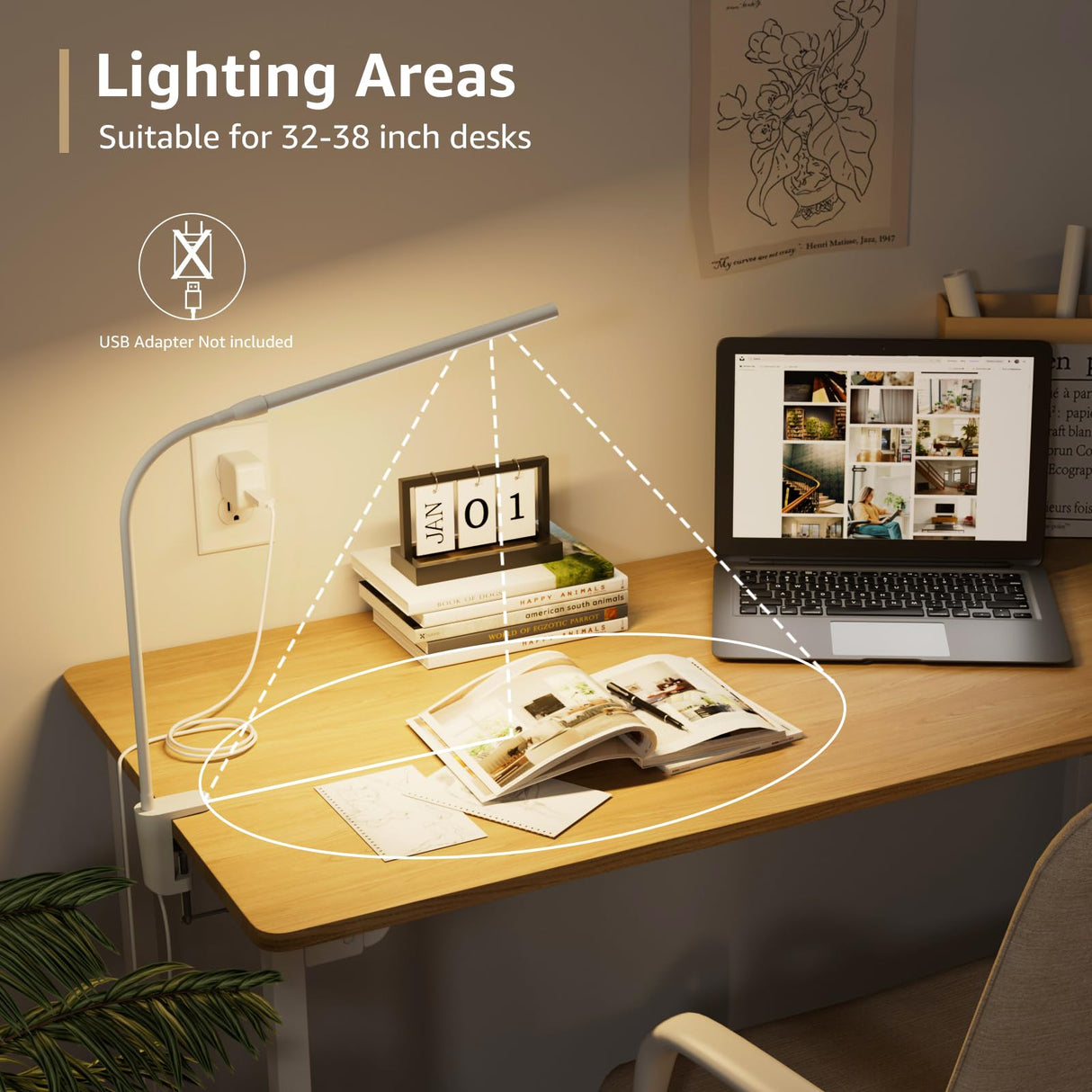 Lepro Small Desk Lamp with Clamp, LED Reading Lamps with 450LM, 3 Color Modes 10 Brightness, Dimmable USB Clip on Desk Light with Gooseneck Swing Arm for Nail, Home Office and Dorm (White)