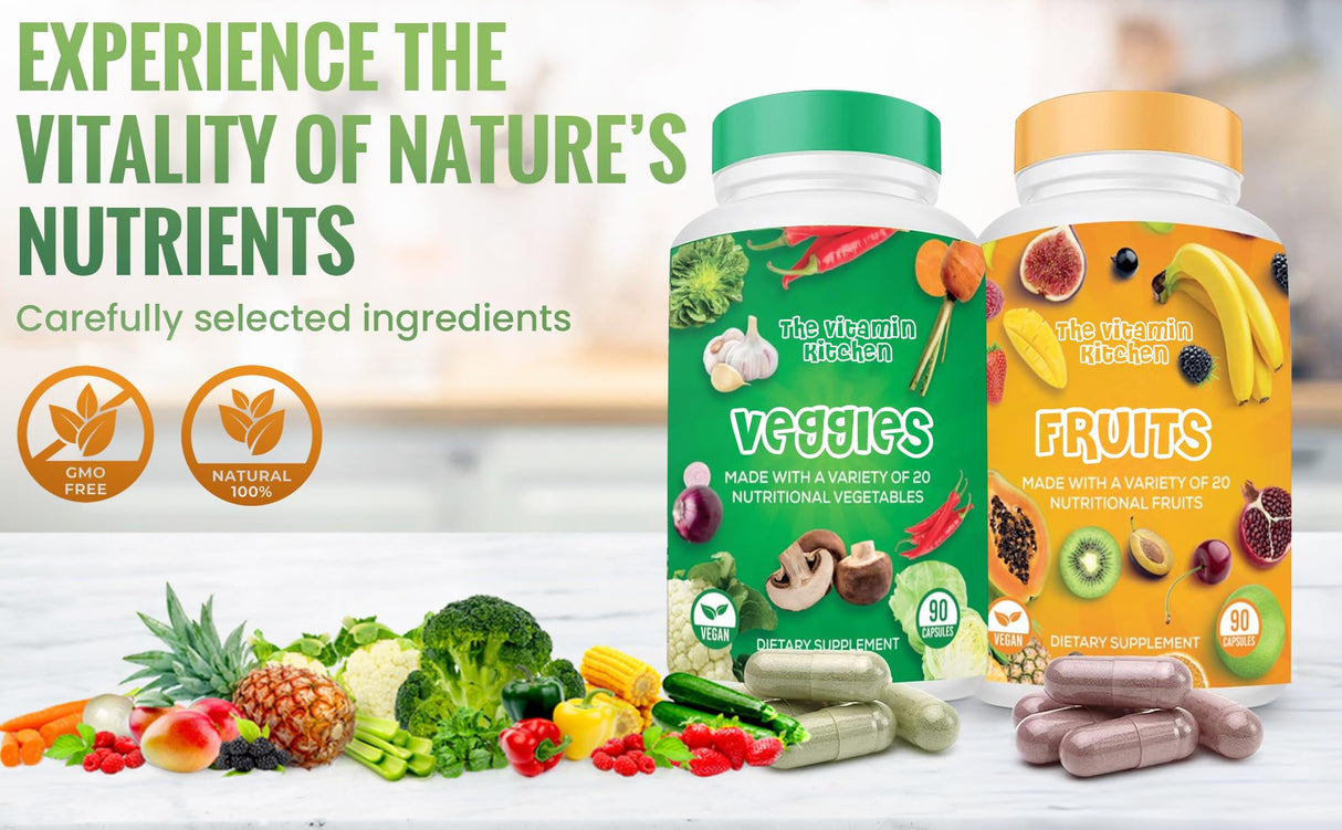 The Vitamin Kitchen Fruit and Veggie Supplements-90 Fruits, 90 Veggies Capsules to Boost Energy Level - Whole Food Fruits and Vegetable from Super Foods - Made in USA - Soy & Vegan Free (Pack of 2)…
