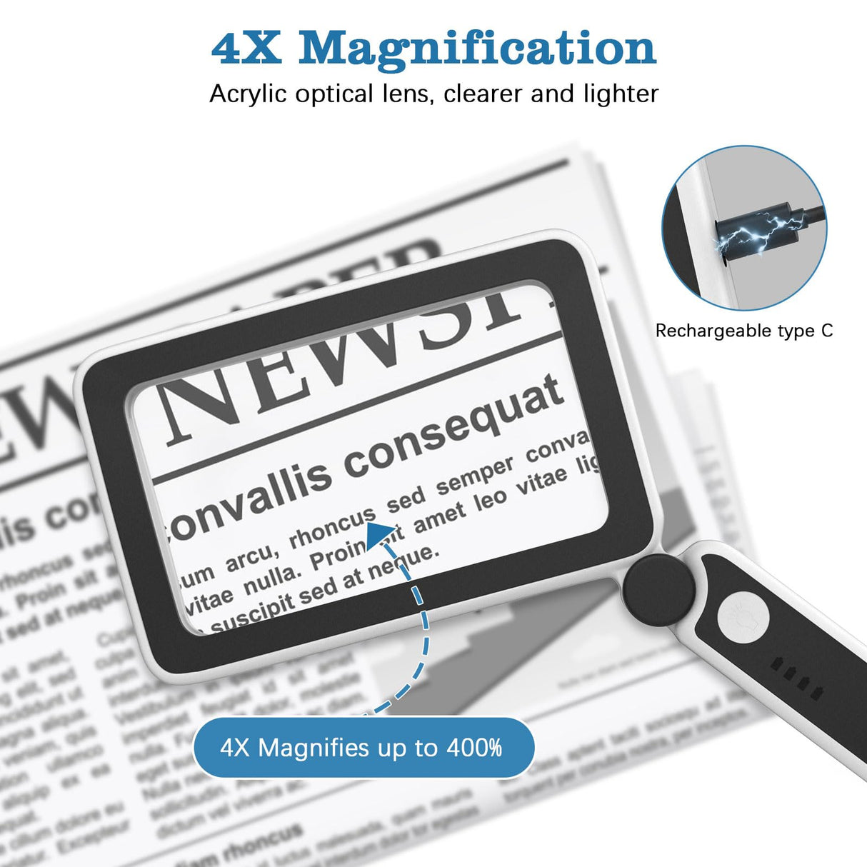 MoKo Magnifying Glass for Reading, Rechargeable 4X Full Page Book Magnifier, Magnifying Glass with Light 3 Modes, Folding Handheld Reading Magnifiers for Seniors Elderly Low Visions,Black