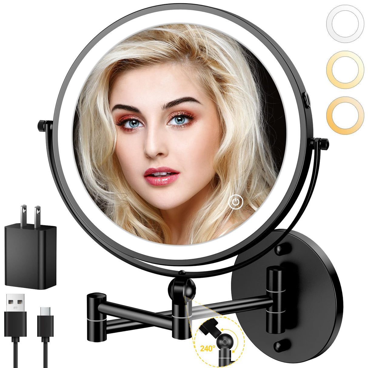9" Wall Mounted Lighted Makeup Mirror,4000mAh Rechargeable Double Sided 1X/10X Magnifying Mirror with Light,Touch Dimmable,Extended Arm 360 Rotation Wall Mounted Makeup Mirror 3 Color Lights-Black