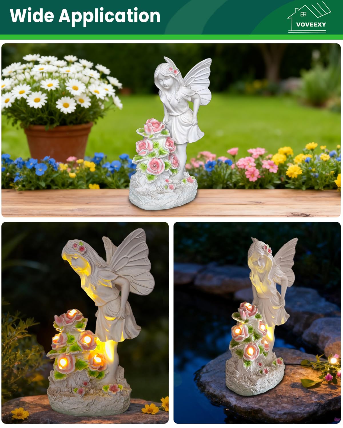 Voveexy Garden Figurines Angel Garden Statue Outdoor Decor, Solar Powered Resin Sculpture with 5 LEDs Art Decoration for Patio Lawn Yard Porch, Ornament Housewarming Gift, 11“ H