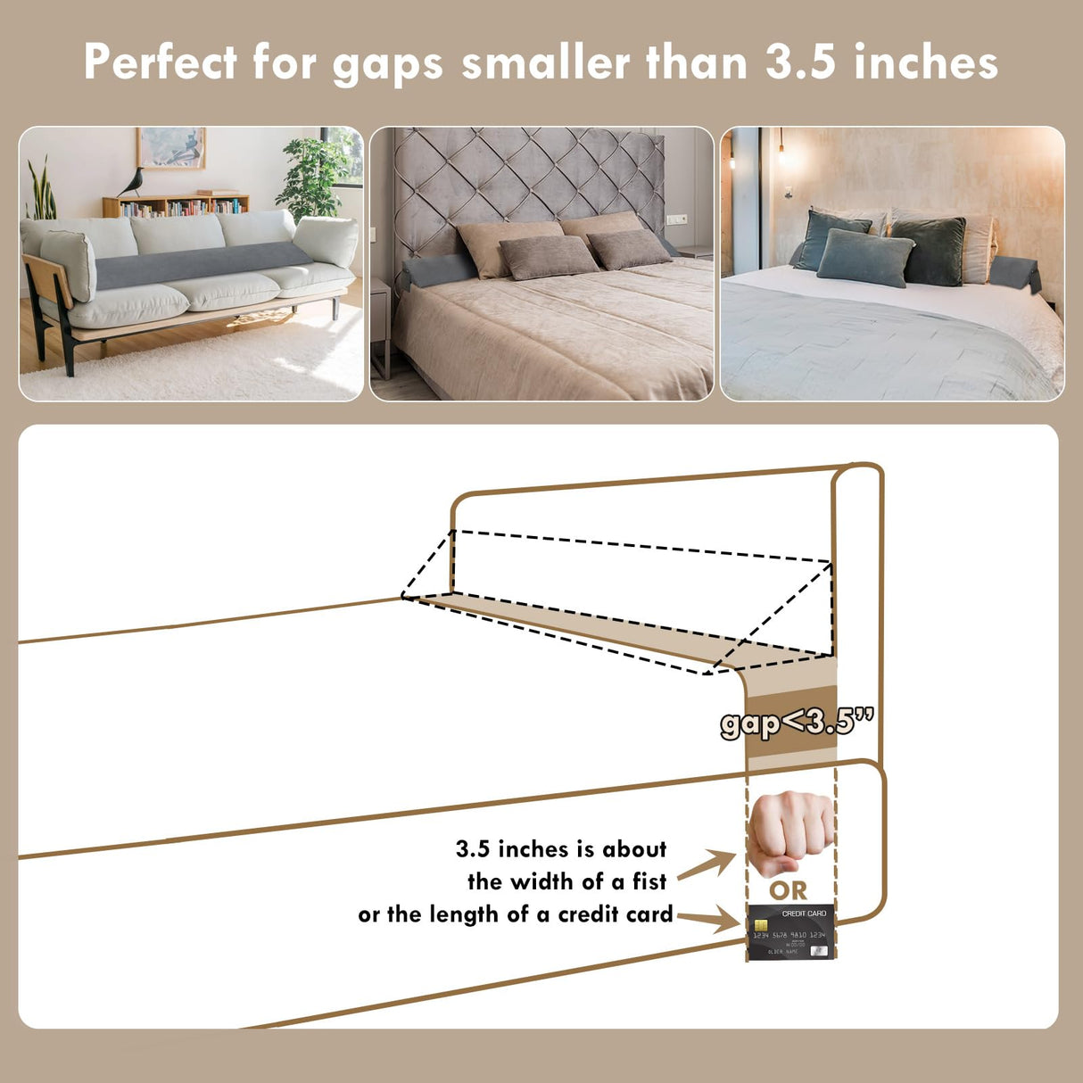 Vekkia Queen Bed Wedge Pillow for Headboard Gap Filler(0-3.5"),High-Density Foam,Prevents Pillows & Items Loss,Ergonomic Design,Large Storage Pockets,Removable&Washable Cover,Gray,60"x7"x5"