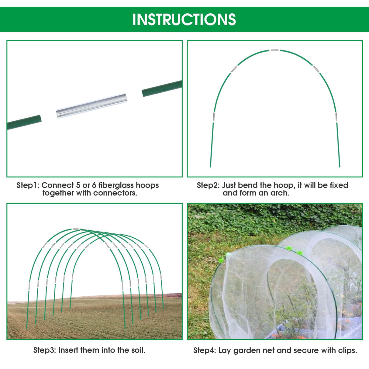 JCKHXG Garden Netting Kit, 10x30FT Ultra Fine Mesh Netting &6 Sets of 8FT Fiberglass Garden Hoops for Raised Beds, Vegetable Plants Fruits Flowers Birds Animals Barrier Protection Net