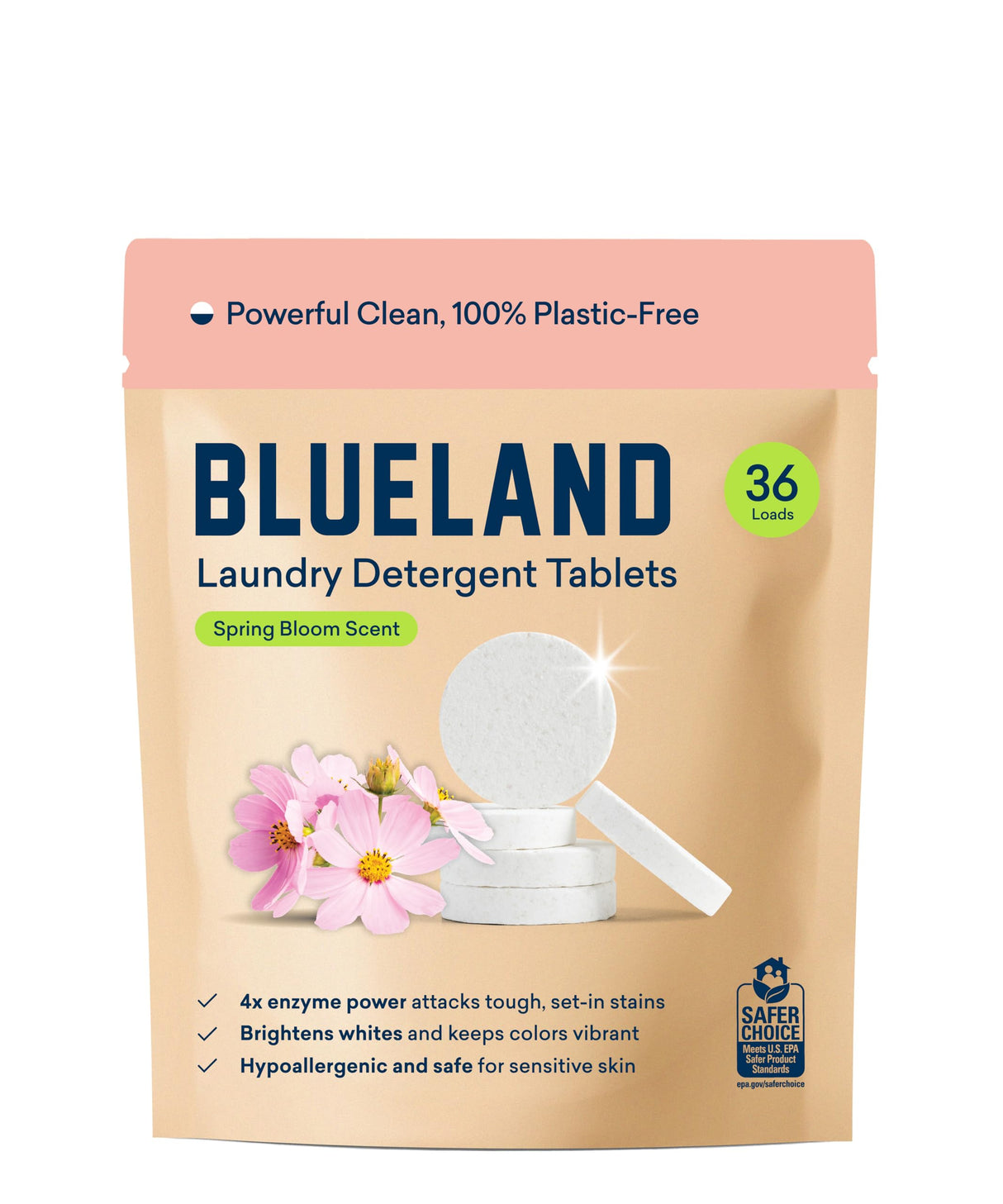 BLUELAND Laundry Detergent Tablets, 36 Count, Spring Bloom Scent, Plastic-Free Eco-Friendly Pods, Sheets, Liquid Alternative - Natural, Gentle