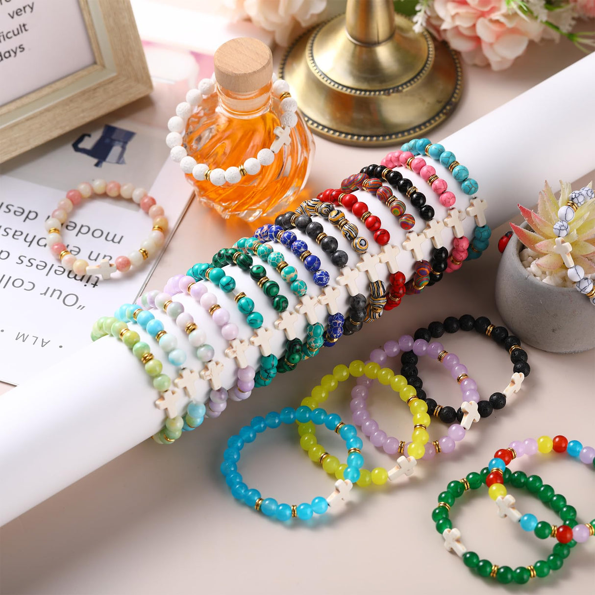 Huquary 24 Pcs Cross Beaded Bracelets, 8mm Christian Stone, Stylish
