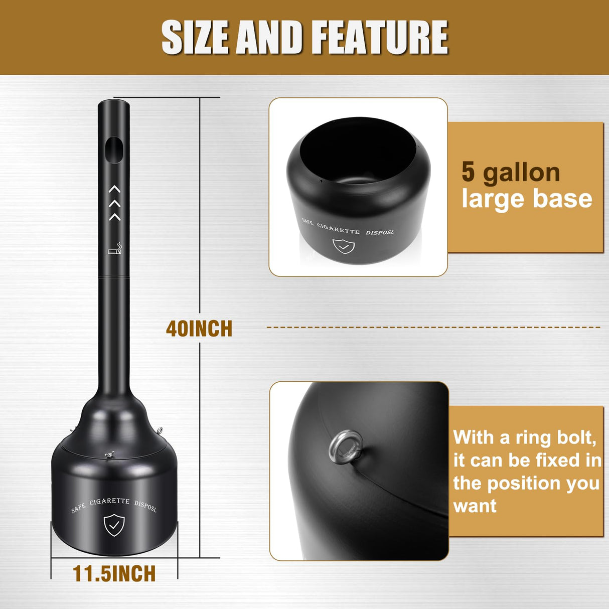 SDSNTE Steel Cigarette Butt Receptacle Disposal Outdoor for Keeping a Fresh and Clean Area, 5 Gallon Capacity, Black