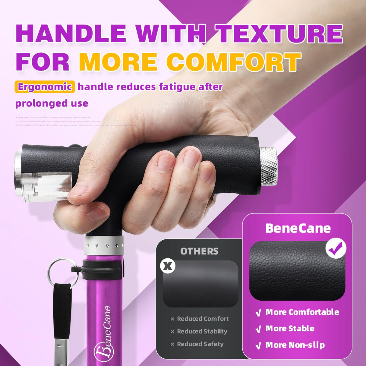 BeneCane Walking Cane for Women Folding Cane for Men with Two Led Lights Quad Cane with Stable Base Lightweight and Adjustable Walking Stick