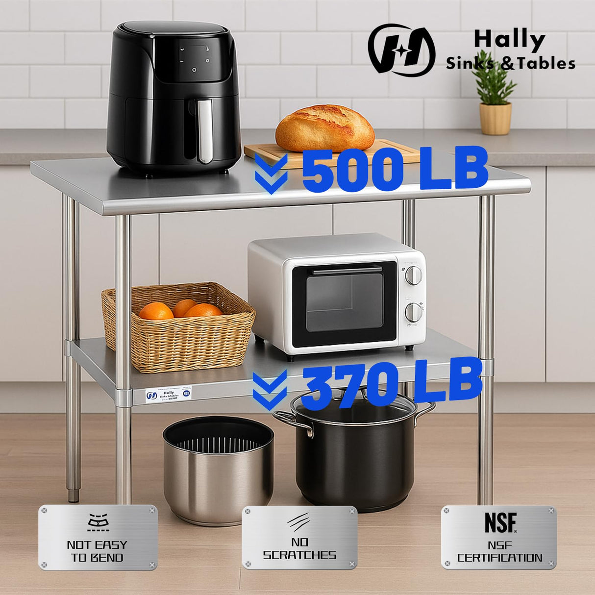Hally Stainless Steel Table for Prep & Work 30 x 48 Inches, NSF Commercial Heavy Duty Table with Undershelf and Galvanized Legs for Restaurant, Home and Hotel