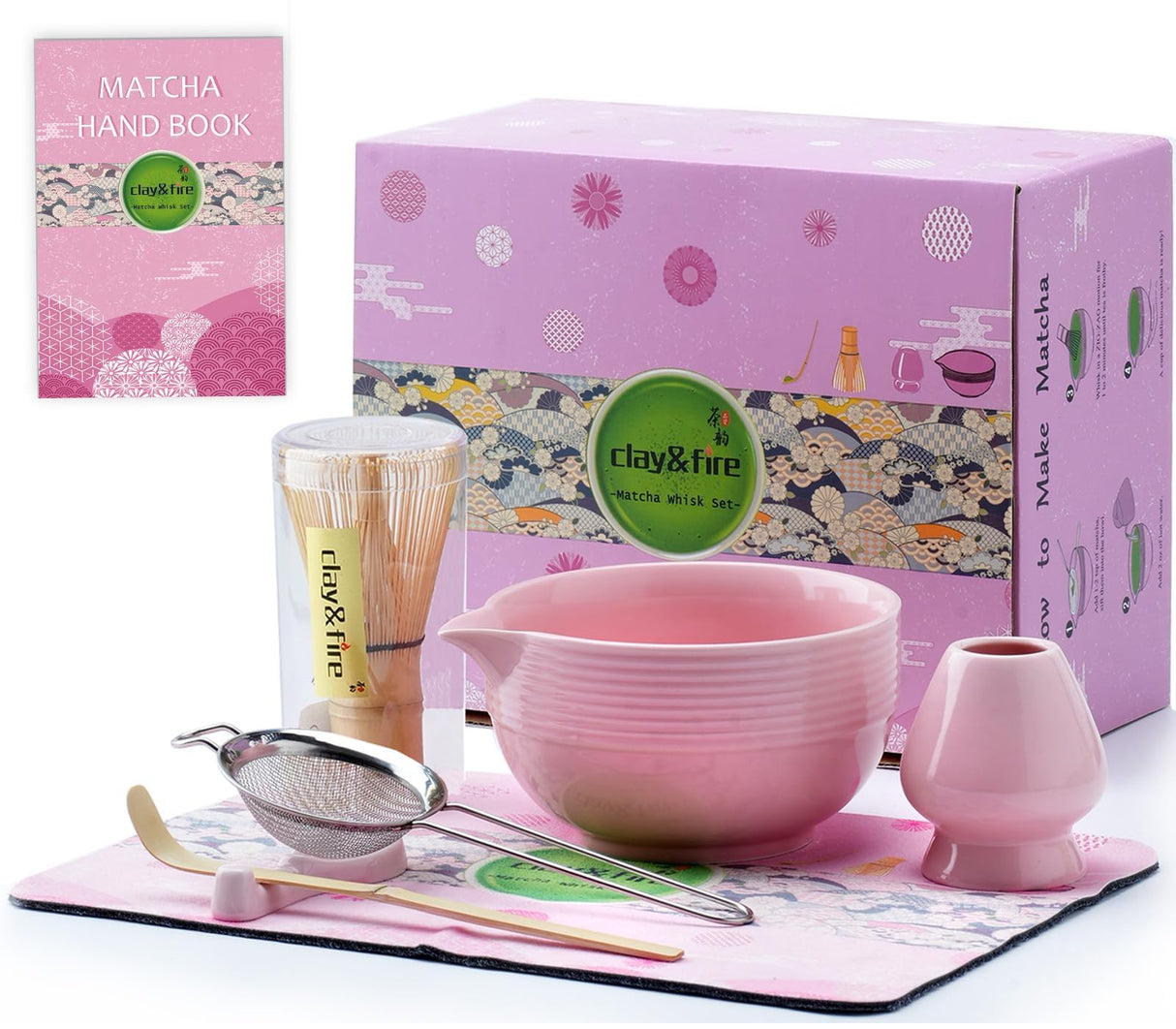 Clay&Fire Matcha Whisk Set, Ceramic Matcha Set, Matcha Bowl with Spout and Whisk, 8 pcs Matcha Tea Kit for Matcha Lovers, Ideal Gift Christmas, Birthday (Pink)