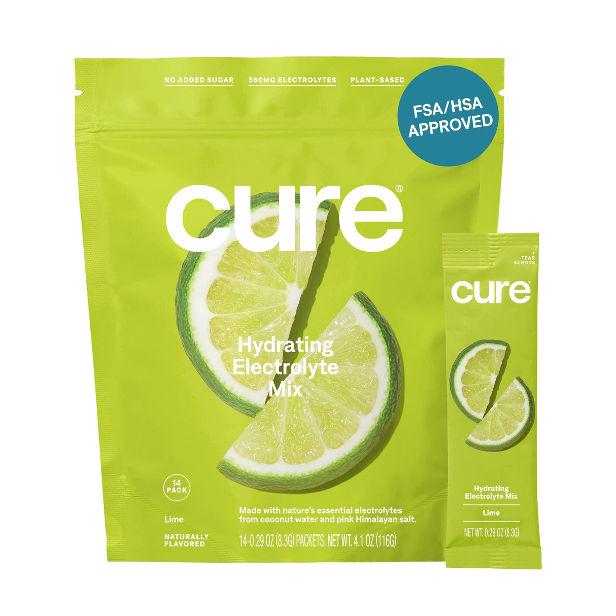 Cure Hydration | Plant-Based Electrolyte Drink Mix | No Added Sugar | FSA & HSA | Dehydration Relief Powder Made with Coconut Water | Non-GMO | Vegan | Pouch of 14 Packets - Lime