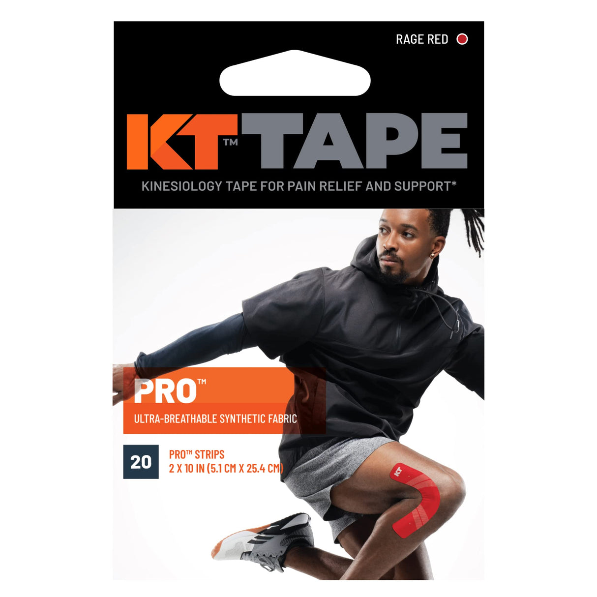 KT Tape, Pro Synthetic Kinesiology Athletic Tape, 20 Count, 10” Precut Strips, Rage Red