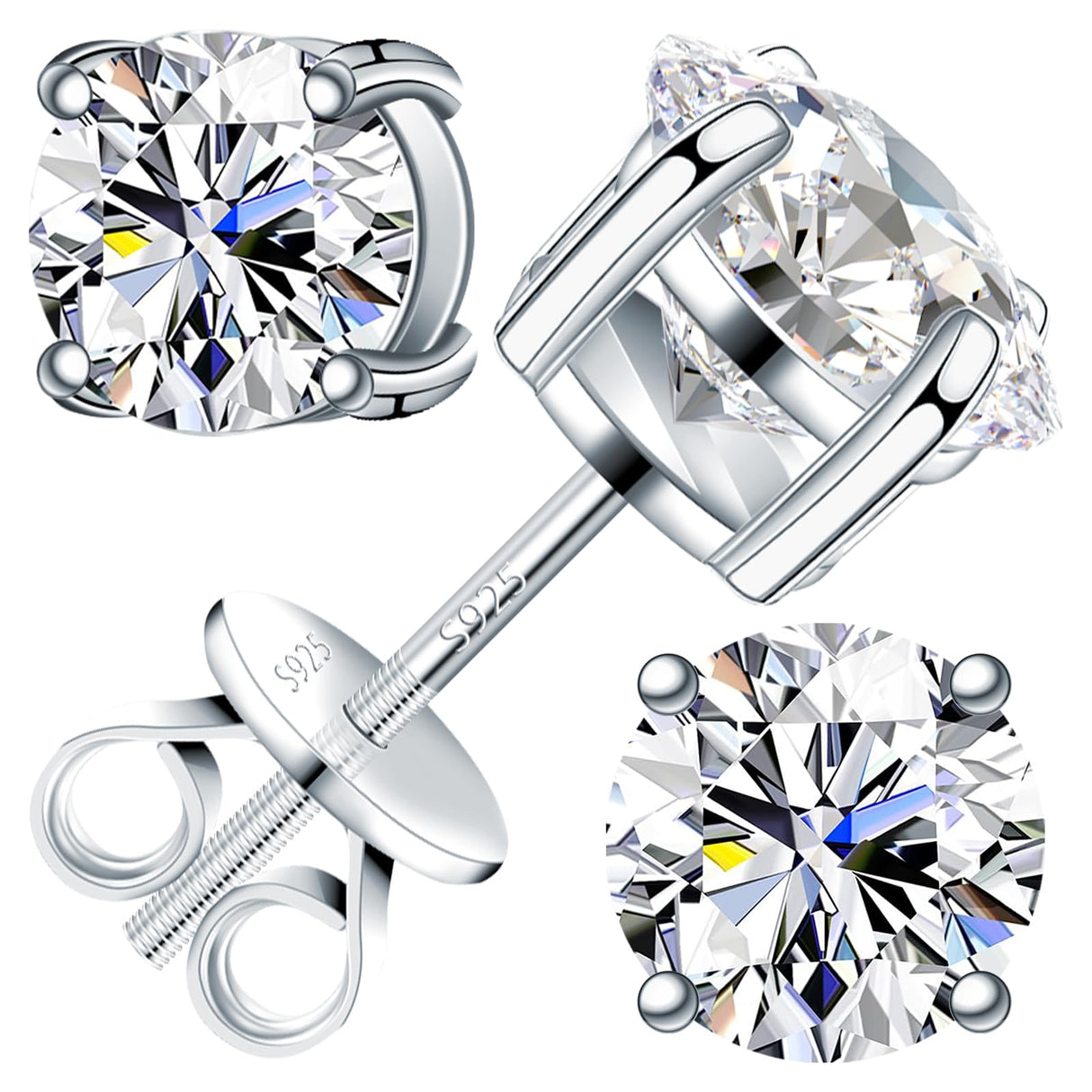 Velelia Moissanite Earrings for Men Women, 0.2ct-3.0ct Men 925 Sterling Silver Earrings, Round Cut Diamond Stud Earrings for Women
