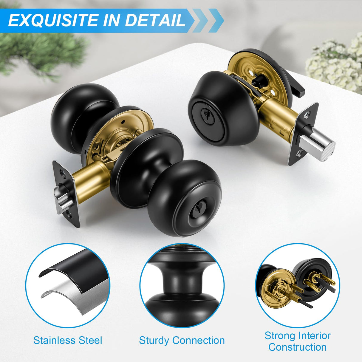 Plustool 2 Pack Front Door Lock Set Matte Black,Exterior Door Lock Set with Deadbolt,Single Cylinder Deadbolt Lock and Door Knob Set,Keyed Alike Door Knobs with Lock&Keys,Round Ball Entry Door Lockset