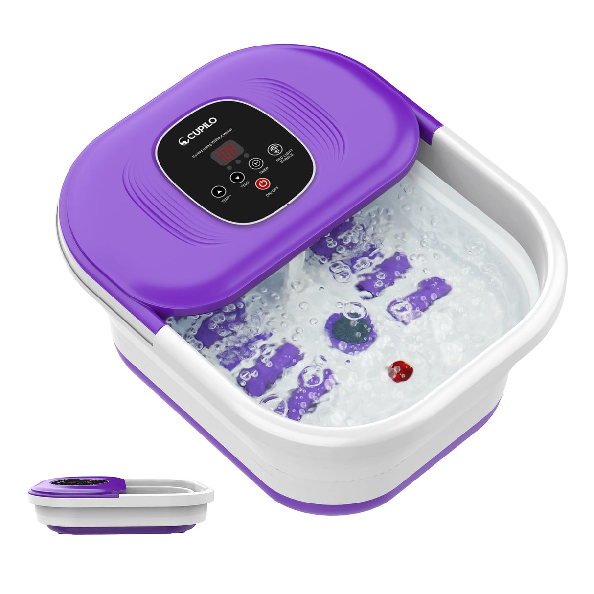 CuPiLo Foot Spa Bath Massager with Heat, Collapsible Foot Massager Spa Soaking Tub with Bubbles, Red Light, Pumice Stone, Shiatsu Massage Rollers, Pedicure Foot Spa for Relaxation, Gifts(Purple)