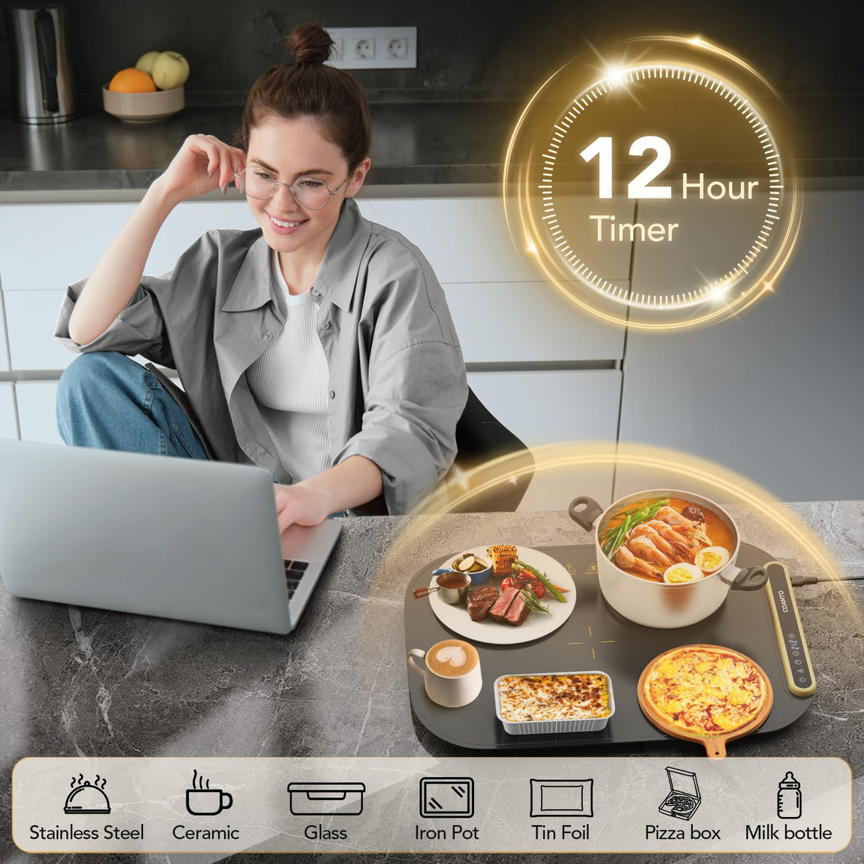 Coanto Food Warming Mat, Electric Warming Tray for Buffets & Parties, Silicone Heating Mat with 7 Temperature Settings, Roll-Up Storage, 17.91"x12.8", Black