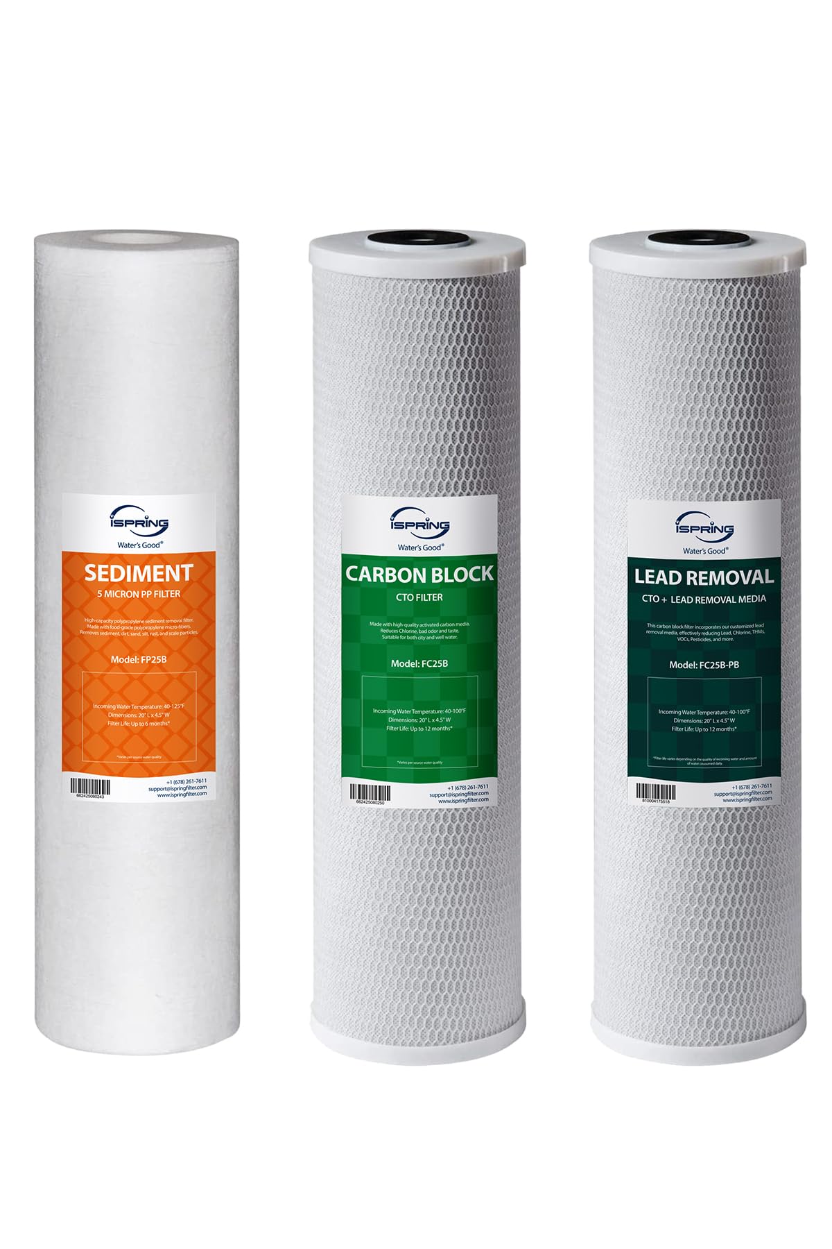 iSpring F3WGB32BCPB 20" x 4.5" Whole House Water Filters for WGB32B Series Water Filter Systems, includes Sediment, Carbon Block, and Lead-Removal Filters