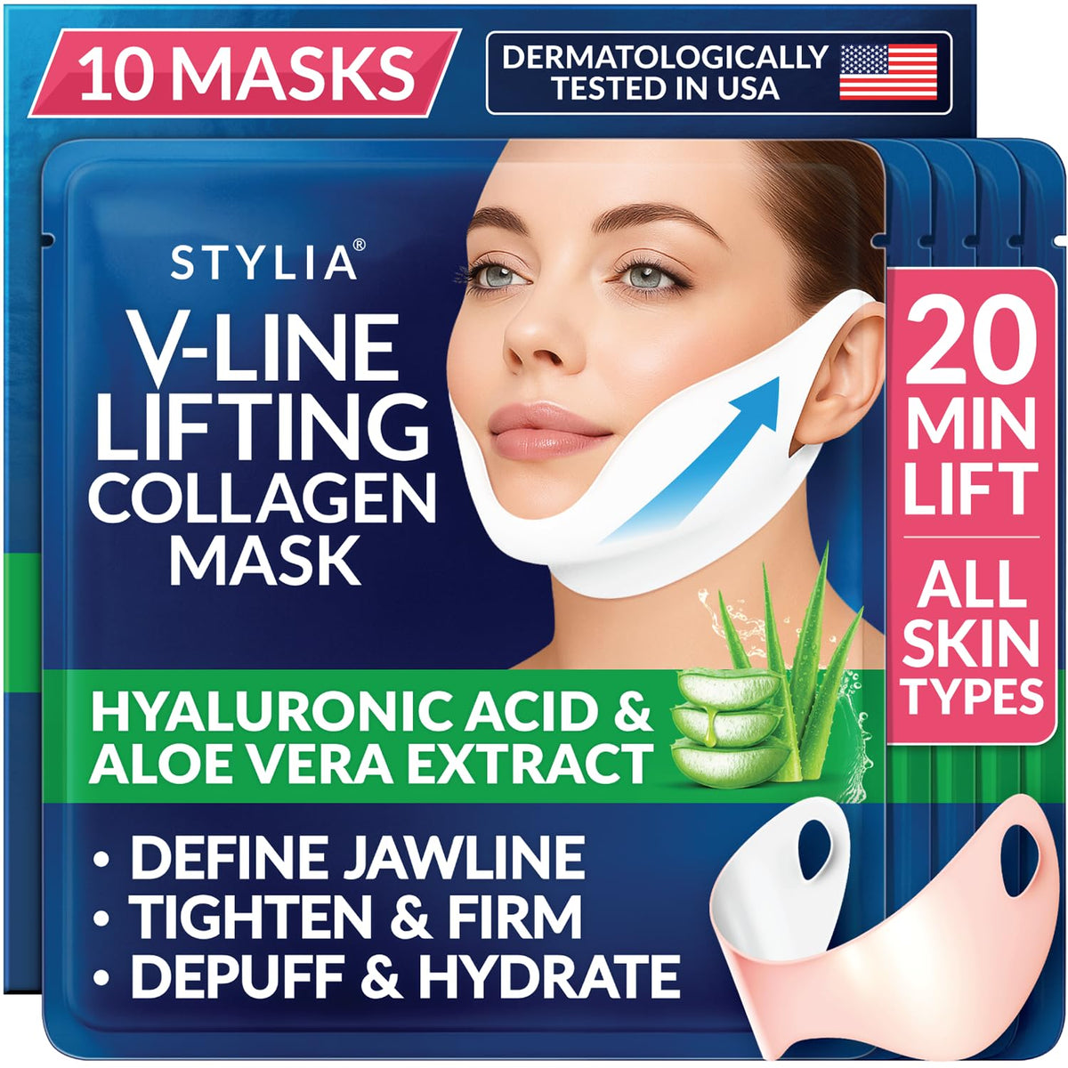 Stylia V Line Lifting Collagen Face Mask - Lift, Firm & Contour Jawline - Double Chin Strap with Hyaluronic Acid & Aloe - Neck Tightening and Lifting Mask - Jawline Shaper Face Lift Tape (10PC)