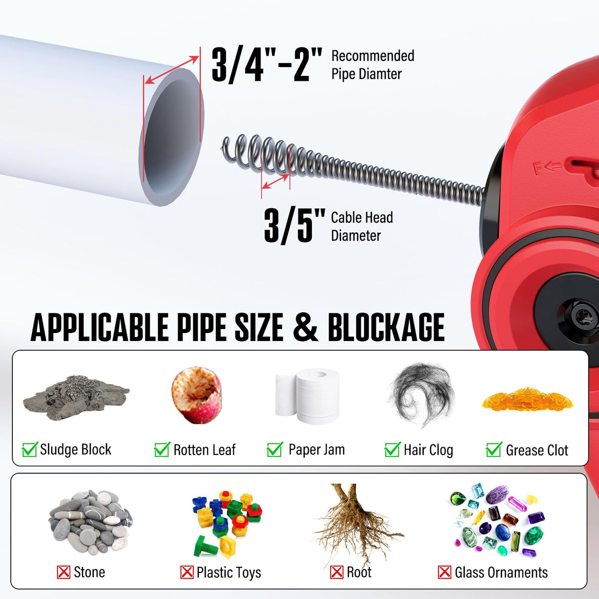 POPULO 20V Cordless Electric Drain Snake, 25Ft Replaceable Cable with 2.0Ah Battery, Extension Tube & Charger, Snake Drain Clog Remover Tool for Toilet, Floor Drain, Sink and Shower 3/4"-2" Pipe