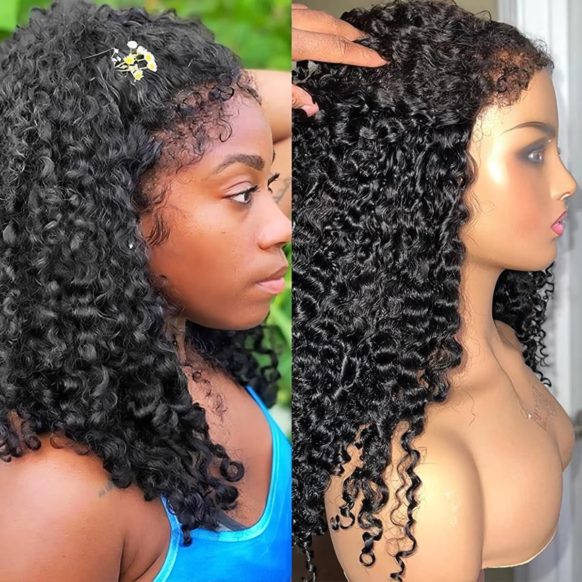 FACMOOD 4C Edges Kinky Curly Lace Front Wigs Human Hair 13x4 HD Transparent Lace Frontal Wigs with Curly Edges Baby Hair, Deep Wave Curl Wig Pre-Plucked Hairline 180% Density 16 inch