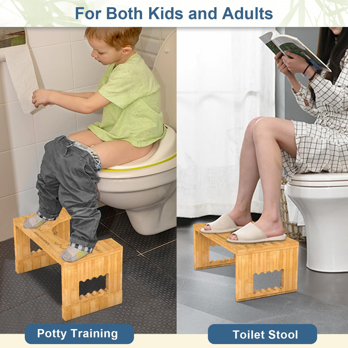 KingPavonini Bamboo Toilet Stool Squat 7in & 9in Heights Adjustable, Foldable Poop Stool for Adult, Potty Stool for Bathroom with Non-Slip Grooves Portable, Space-Saving, 400 lbs Capacity