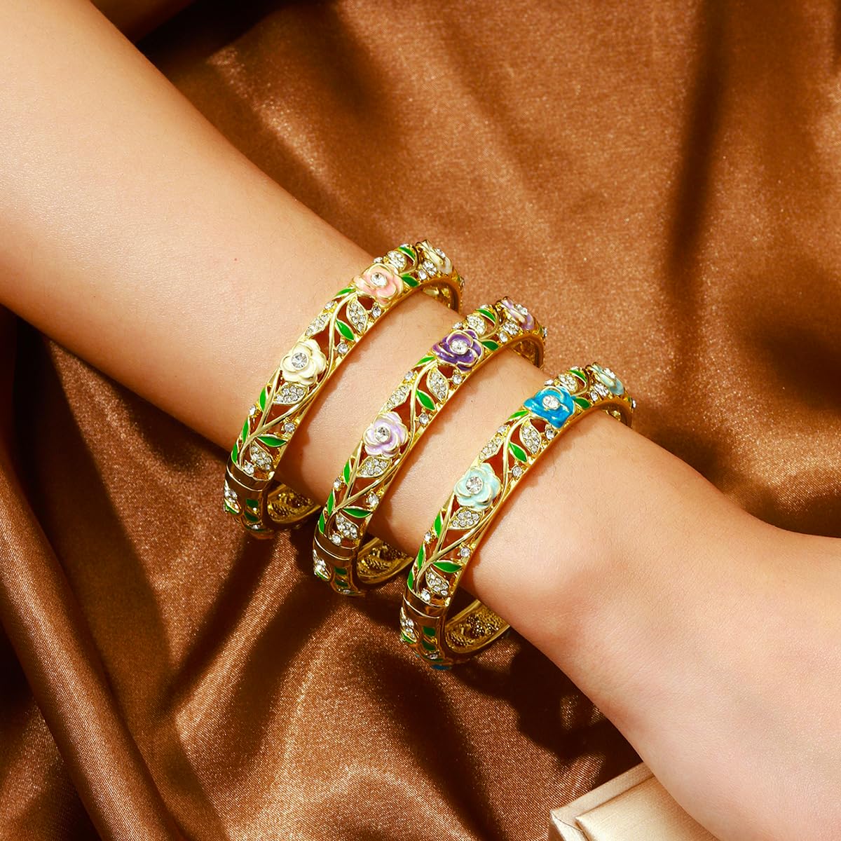 FIVESWEET Trendy 18K Gold Plated Bangle Bracelets Set for Women, Enamel Craft Jewelry-Floral Element , Retro Fashion Palace Style, Zinc Alloy with Rhinestones, 2.4Inch Diameter Fits Most Adults, Perfect Jewelry Gift Idea for Her, Girlfriend, Wife, Mom, Si