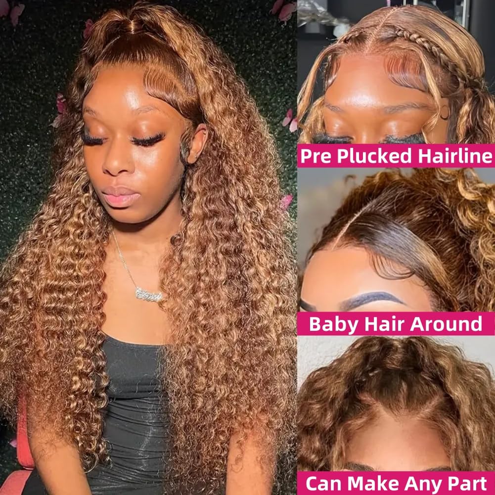 BRUAR 28 Inch Ombre Lace Front Wig Human Hair 13x6 Honey Blonde Wig Human Hair Pre Plucked HD Highlight Deep Wave Lace Front Wigs Human Hair for Women 180 Density Glueless Curly Human Hair Wig