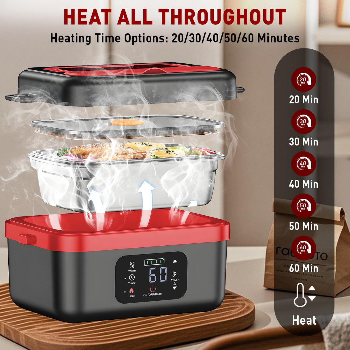 JingHua Cordless Electric Heated Lunch Box for Men Women, 1L Rechargeable Lunch Box Self-Heating Food Warmer with Keep Warm Function Ideal for Indoor Outdoor Work Office Camping Travel