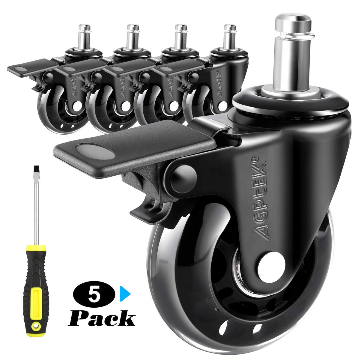 AGPtEK Office Chair Casters with Brake Heavy Duty 2.5" Universal Fit Locking Casters with Screwdriver, Safe Roller Wheel Replacement All with Brake System for Hardwood Floors Mat Carpet Tile, Set of 5