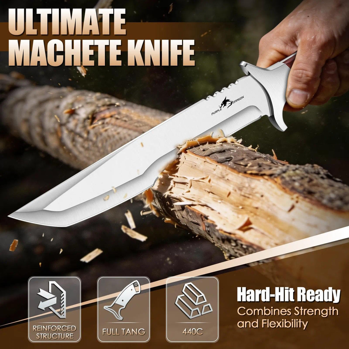 Purple Dragon Machete for Cutting Trees Heavy Duty for Bushcraft - Brown