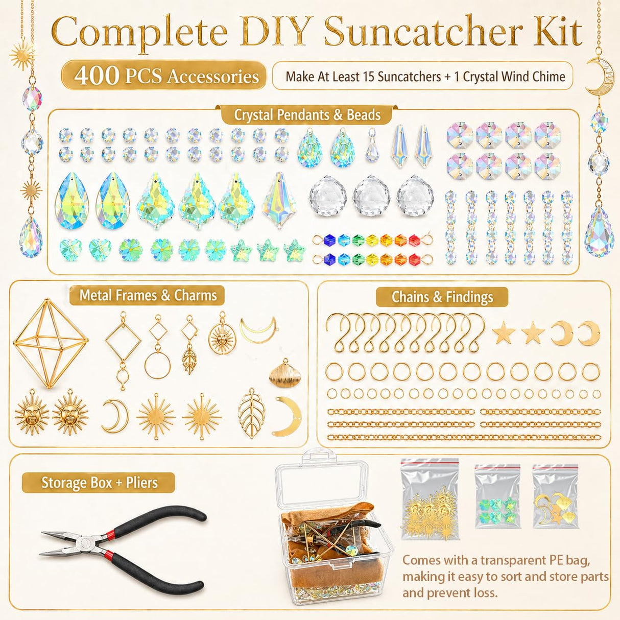 400 PCS Suncatcher Making Kit for Adults - Crystal Beads & Prism Accents with Hanging Cord, Adult Art Craft Supplies | Hanging Rainbow Maker for Home Window Garden Decor & Gifts